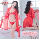 《YIRAN MEI》情挑愛戀！絲滑柔紗蕾絲袖口浴袍三件組﹝紅﹞