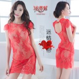 《YIRAN MEI》迷情愛戀！蕾絲緹花小蓋袖透膚睡衣﹝紅﹞