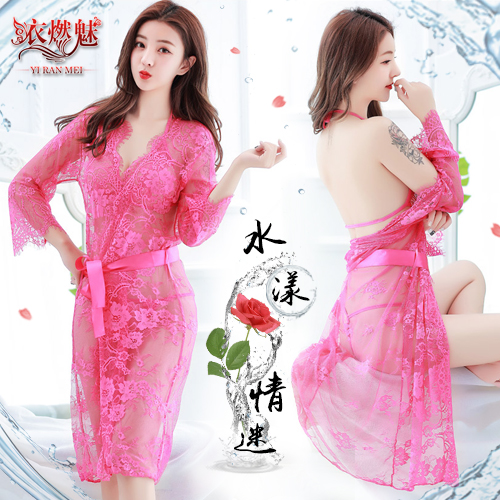 《YIRAN MEI》水漾情迷！三點式輕透裸肌細膩蕾絲睡袍組﹝玫紅﹞