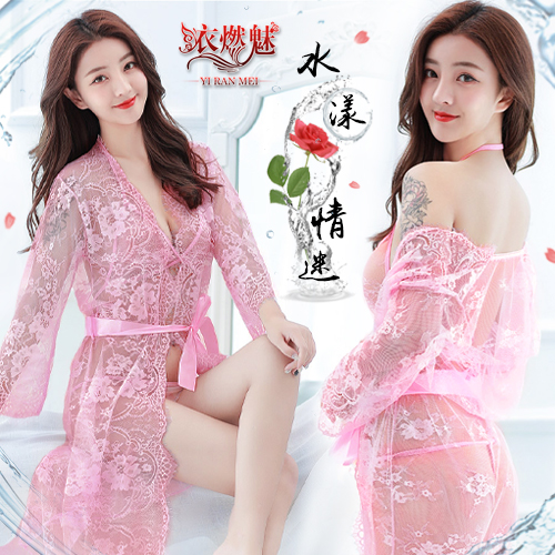《YIRAN MEI》水漾情迷！三點式輕透裸肌細膩蕾絲睡袍組﹝粉﹞