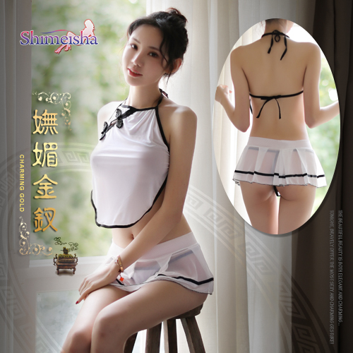 《SHIMEISHA》嫵媚金釵！薄透綁脖網紗肚兜款睡衣﹝白﹞