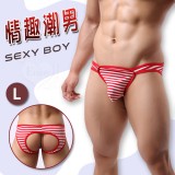 情趣潮男 ‧ 橫條紋露屁屁三角內褲﹝紅 L﹞*