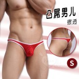 【凸屌男兒】條紋拼接亮絲微透低腰T字褲﹝紅 S﹞