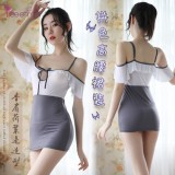 《FEE ET MOI》情趣睡衣！拼色高腰荷葉邊香肩吊帶裙裝﹝白+灰﹞