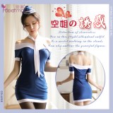  《FEE ET MOI》空姐角色扮演服！迷人鎖骨一字肩藍底白邊四件式套裝