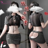 《FEE ET MOI》秘書角色扮演服！交叉鏤空網紗短上衣豎紋露臀迷你裙三件組
