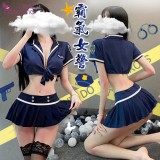 《FEE ET MOI》女警角色扮演服！前開襟綁帶短上衣金屬鈕釦皺摺短裙四件式套裝 - 含絲襪