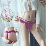 《Yisiting》浪漫情人！輕膚柔紗拼接蕾絲迷人珍珠開襠丁字褲﹝紫﹞