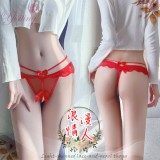 《Yisiting》浪漫情人！輕膚柔紗拼接蕾絲迷人珍珠開襠丁字褲﹝紅﹞