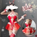魅力聖誕派對！交叉肩帶毛毛邊條環狀裸空連身網衣四件式套裝