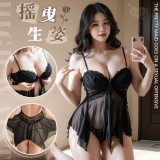 【棉花糖女孩】大尺碼情趣睡衣！花蔓蕾絲鋼圈托乳前開襟不規則透紗裙兩件組