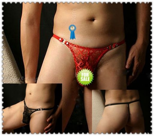 男士性感蕾絲透明丁字褲 (紅)